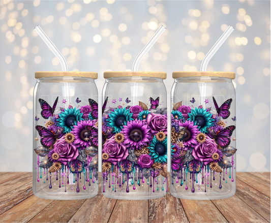 Purple & Teal Flowers - 16OZ UV DTF Wrap